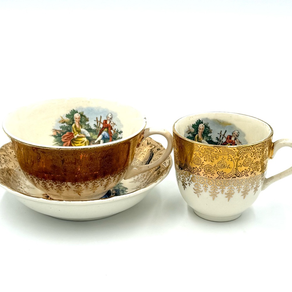 Vintage W S George Raddison 22kt Gold Courting Couple Cup & Sauce W/extra Cup